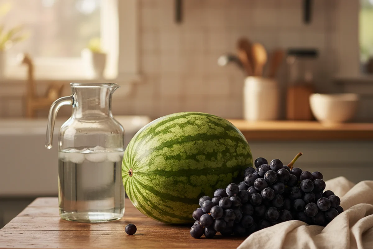 Watermelon chunks and red grapes beside a one-gallon glass carboy on a warm walnut surface in soft natural light