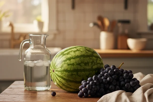 Watermelon chunks and red grapes beside a one-gallon glass carboy on a warm walnut surface in soft natural light