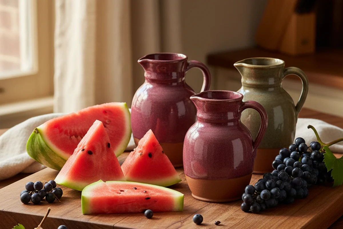 Sliced watermelon and dark wild mustang grapes on a walnut surface beside a glass carboy in warm natural light