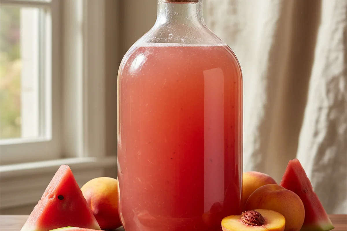 Fresh watermelon chunks and ripe peaches beside a glass gallon jug on a warm walnut surface