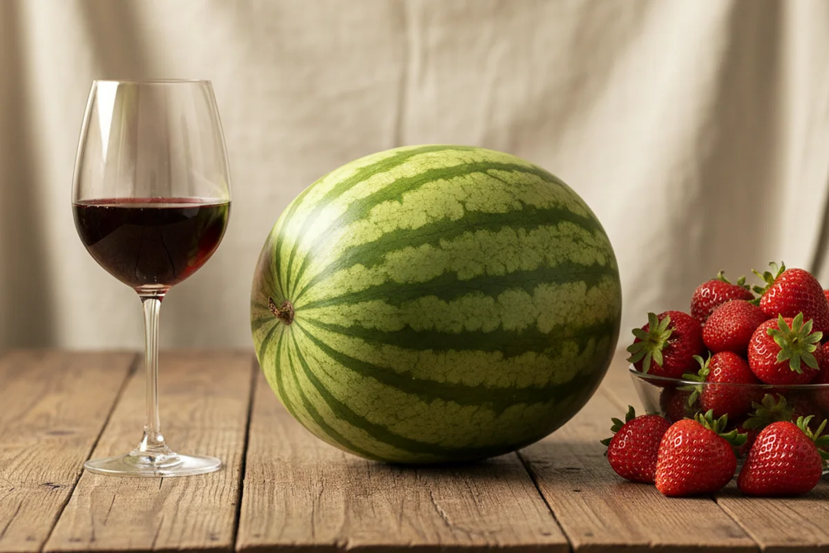 Gallon jar of pale pink watermelon-strawberry wine beside fresh fruit on a walnut surface