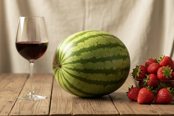 Gallon jar of pale pink watermelon-strawberry wine beside fresh fruit on a walnut surface