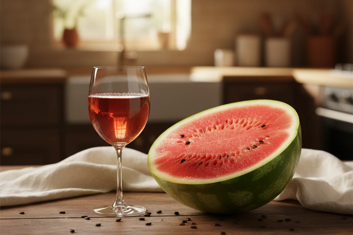 Fresh watermelon halves beside a glass carboy of pale pink wine on a walnut surface in warm light