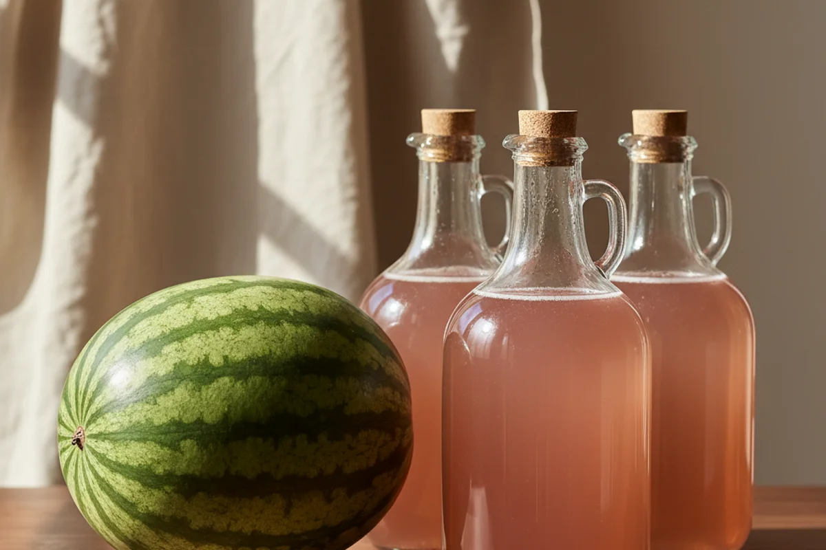 Fresh watermelon halves beside a glass carboy of pink wine on a warm walnut surface in soft natural light