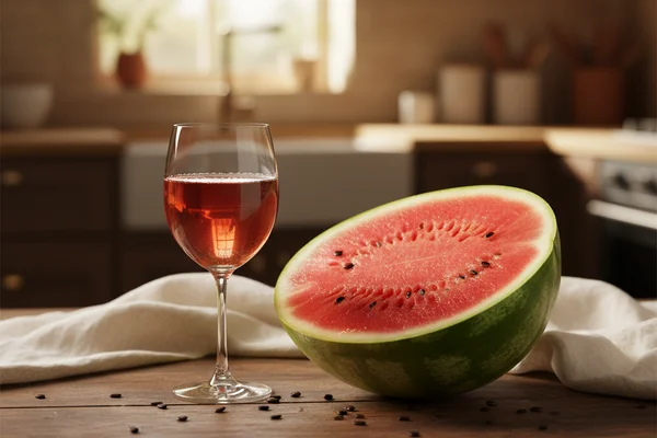 Fresh watermelon halves beside a glass carboy of pale pink wine on a walnut surface in warm light