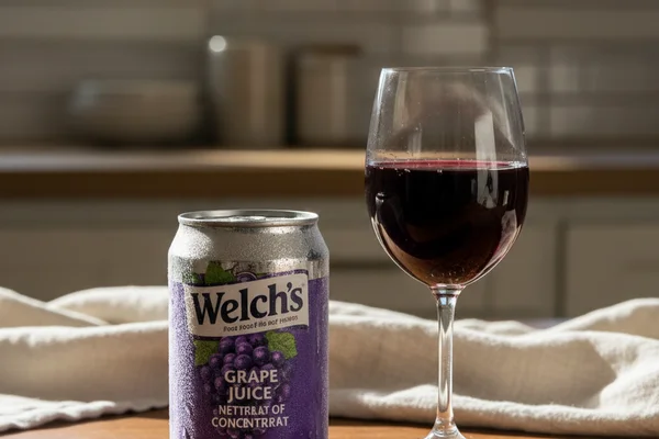 Frozen grape juice concentrate cans beside a glass carboy on a warm walnut surface in soft natural light