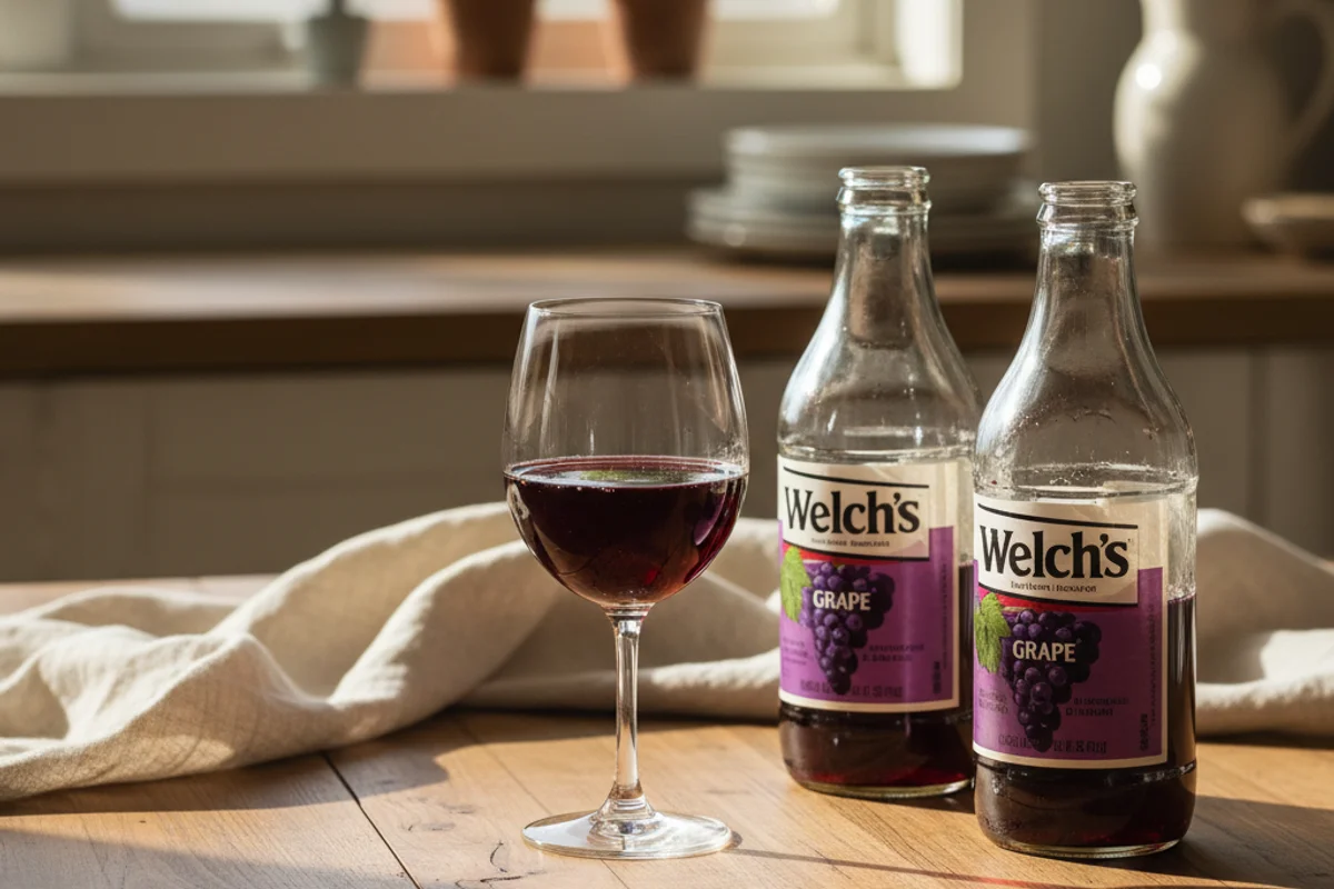 Bottles of homemade grape juice wine beside a glass of deep purple wine on a walnut surface