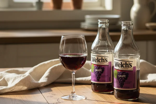 Bottles of homemade grape juice wine beside a glass of deep purple wine on a walnut surface