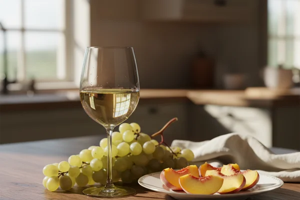 Bottles of homemade white grape and peach wine on a walnut surface in warm natural light