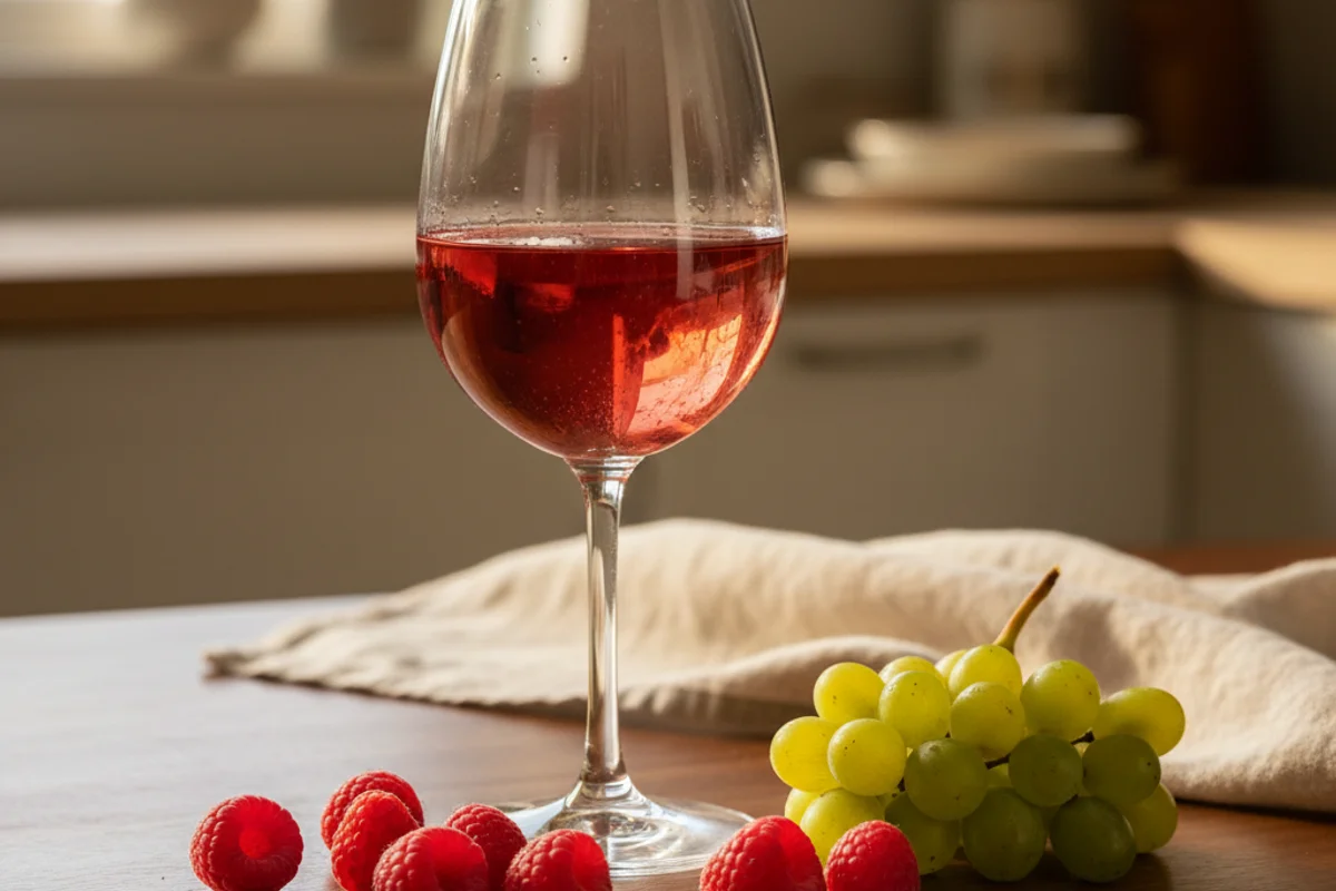 Bottles of white grape and raspberry wine beside fresh raspberries on a walnut surface in warm light