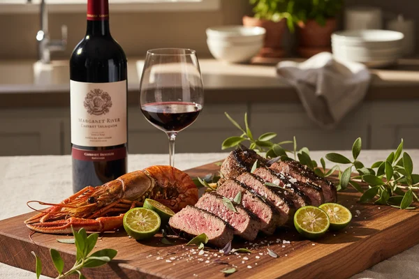 Western Australia wine region map displayed on a walnut surface beside a glass of red wine in soft natural light
