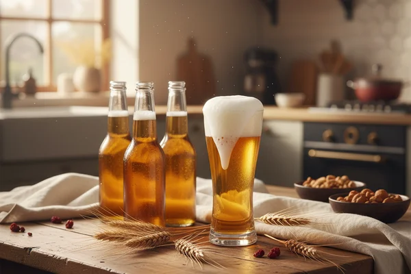 Pale golden wheat wine in a stemmed glass on a walnut surface beside scattered wheat stalks in soft natural light