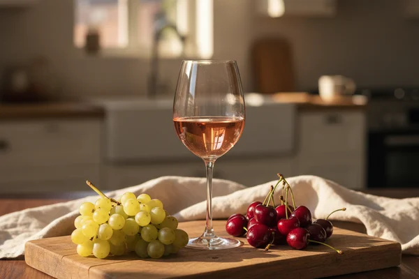 White grape and cherry wine in a glass beside fresh fruit on a walnut surface in warm natural light