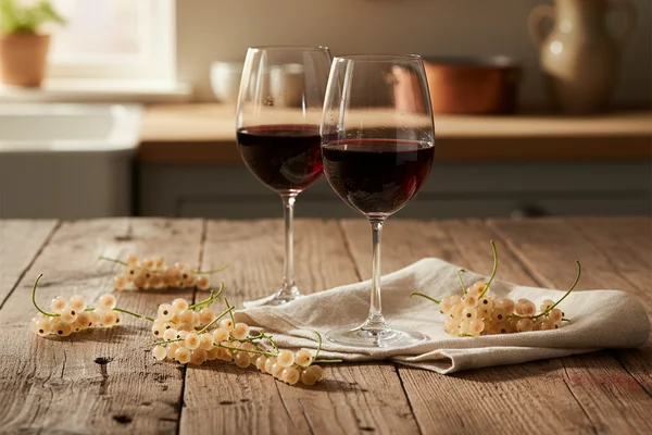White currant clusters on a walnut surface beside a glass of pale wine in soft natural light