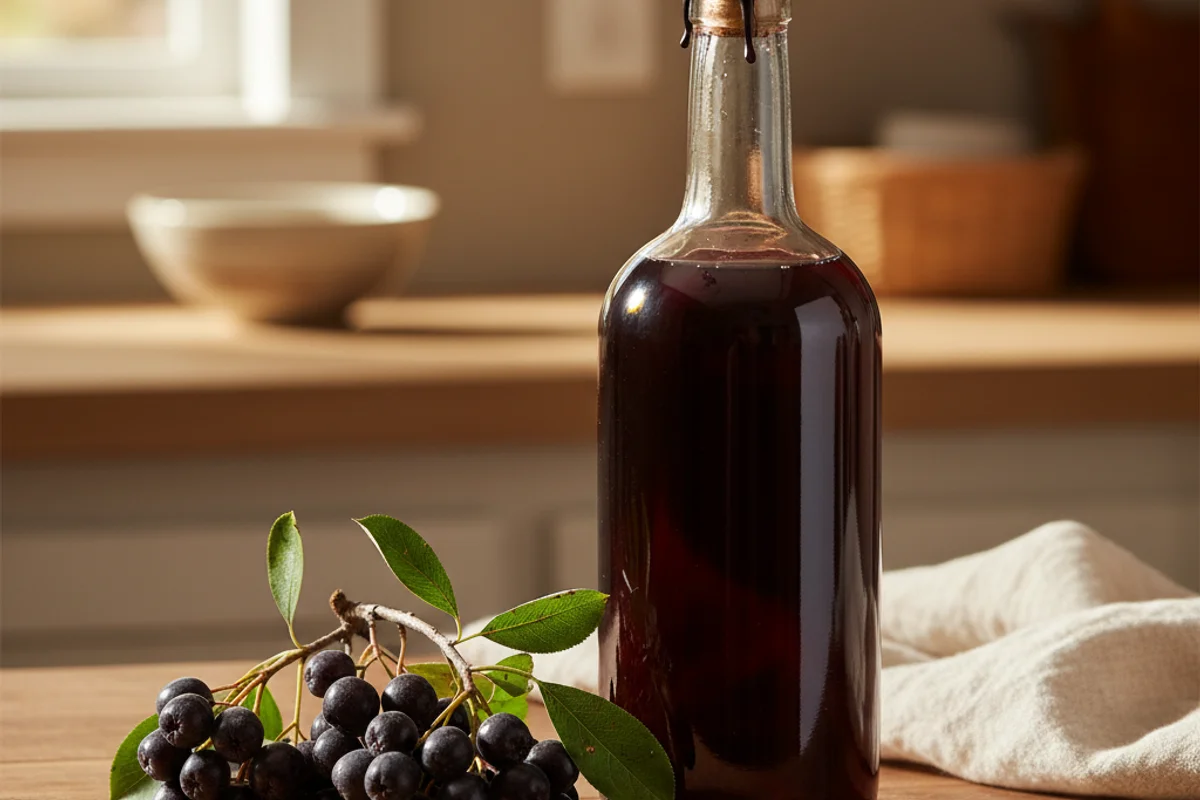 Deep ruby chokecherry dessert wine in a stemmed glass on a walnut surface, soft natural light
