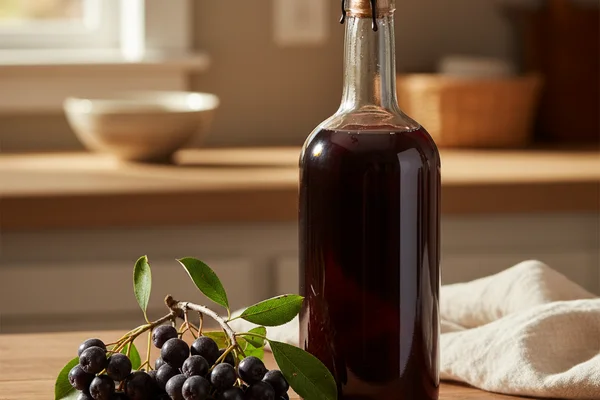 Deep ruby chokecherry dessert wine in a stemmed glass on a walnut surface, soft natural light