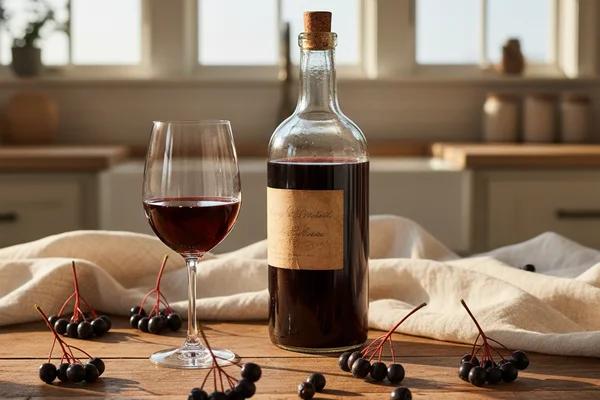 Dark chokecherries in a rustic bowl on a walnut surface beside a glass of deep red wine in soft natural light