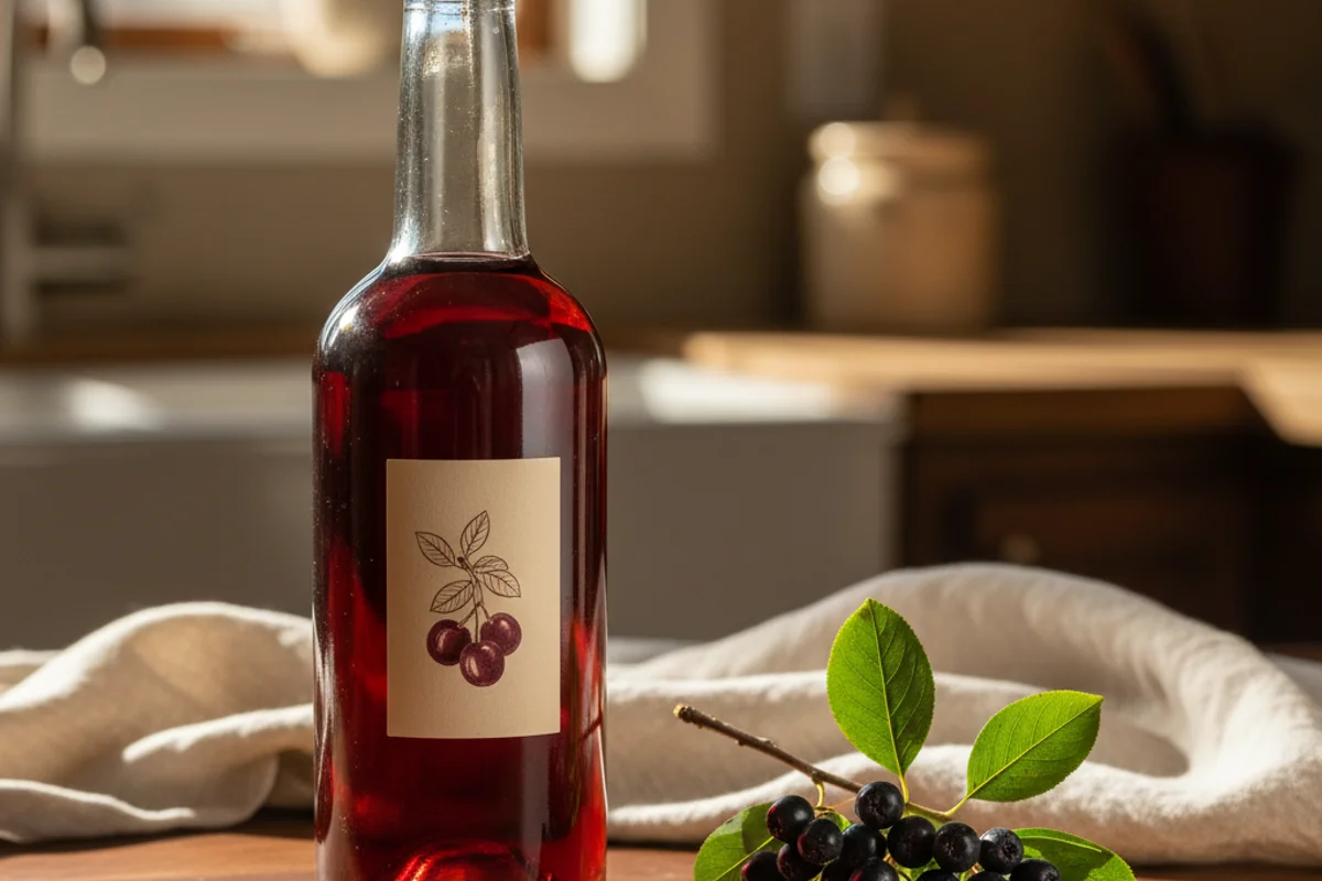 Wild chokecherry wine in a glass on a walnut surface, soft natural light, cream linen backdrop