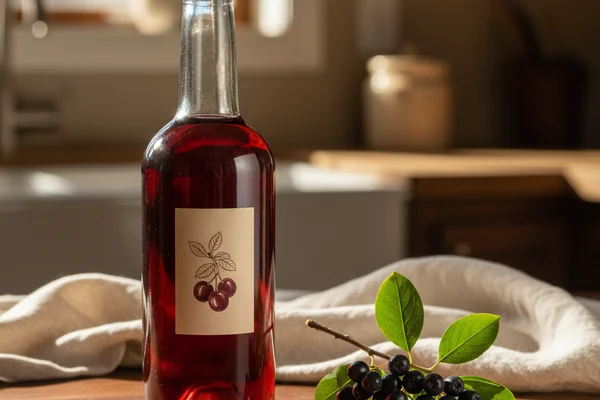 Wild chokecherry wine in a glass on a walnut surface, soft natural light, cream linen backdrop