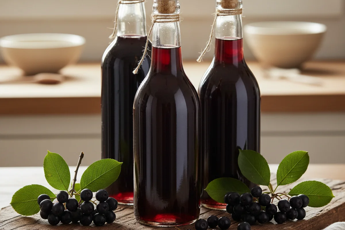Wild chokecherry wine in a glass beside fresh dark chokecherries on a walnut surface in warm light