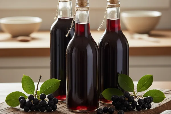 Wild chokecherry wine in a glass beside fresh dark chokecherries on a walnut surface in warm light