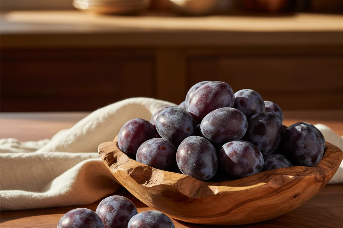 Wild damson plums scattered on a walnut surface beside a rustic fermentation jar in soft natural light