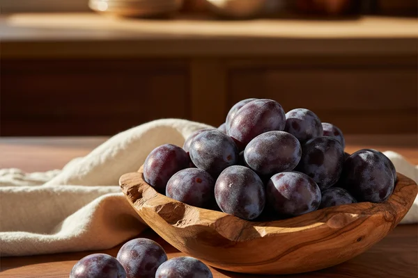 Wild damson plums scattered on a walnut surface beside a rustic fermentation jar in soft natural light