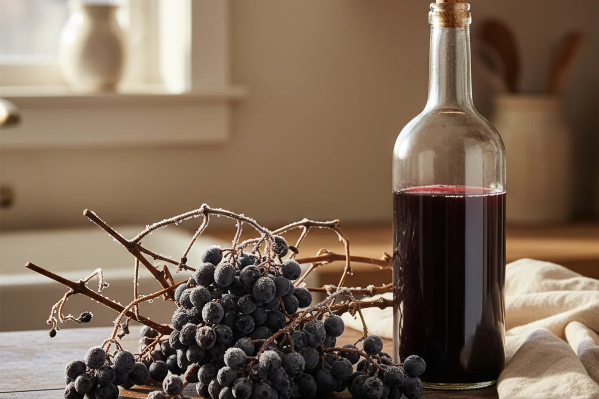 Clusters of dark frost grapes beside a glass of deep purple wine on a walnut surface in warm light