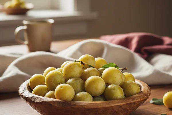 Plump wild greengages clustered on a rustic walnut surface in warm, soft natural light