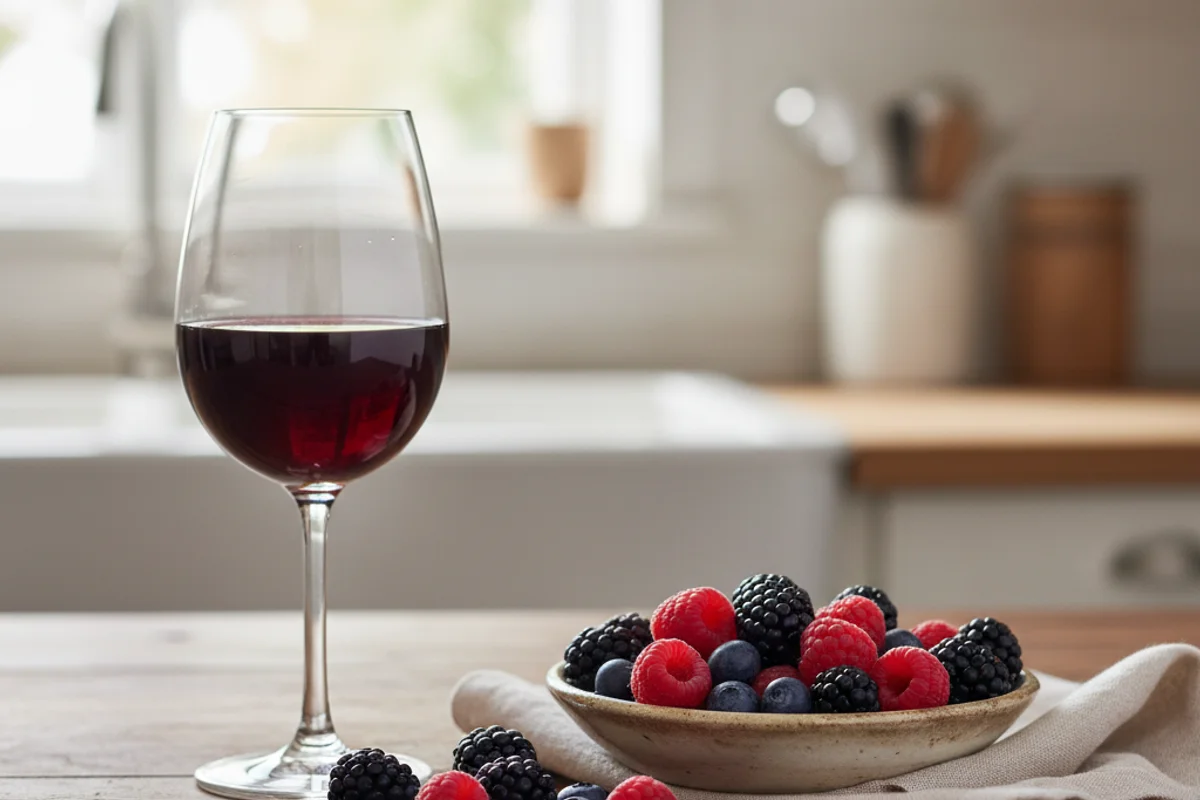 Rustic bowl of mixed wild berries on a walnut surface beside a glass of deep red homemade wine