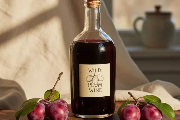 Wild plum wine in a glass carboy on a walnut surface, soft natural light, cream linen backdrop