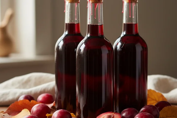 Wild plum wine in a glass beside fresh plums on a walnut surface in warm natural light