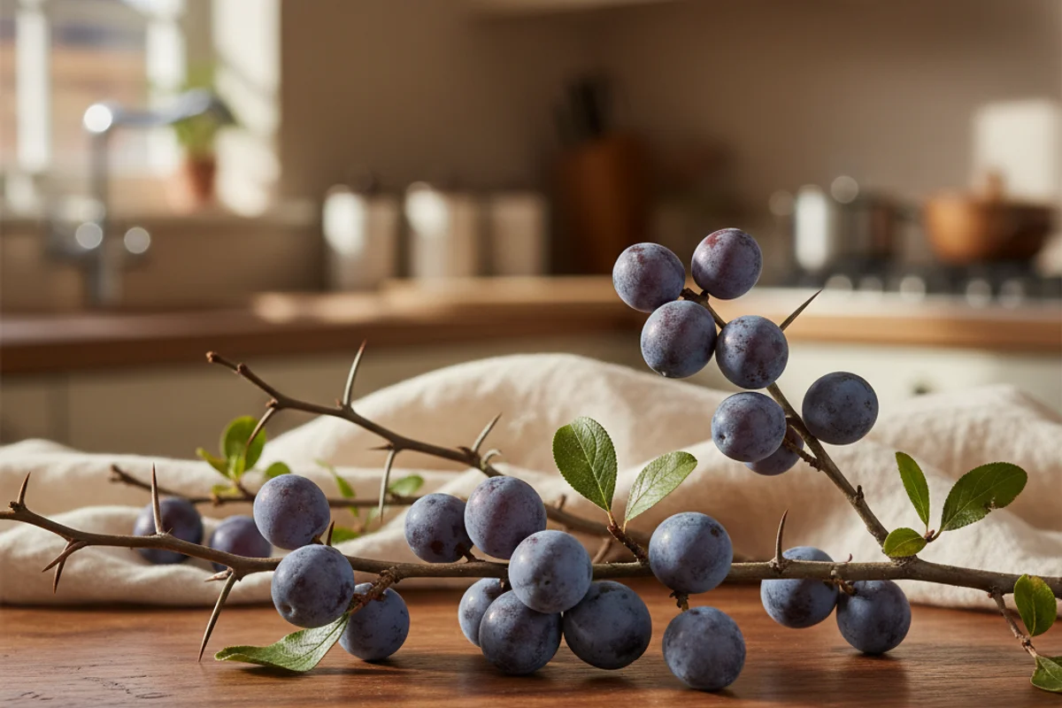Freshly picked wild sloes in a rustic bowl on a walnut surface in warm natural light