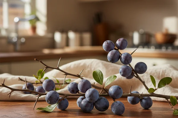 Freshly picked wild sloes in a rustic bowl on a walnut surface in warm natural light