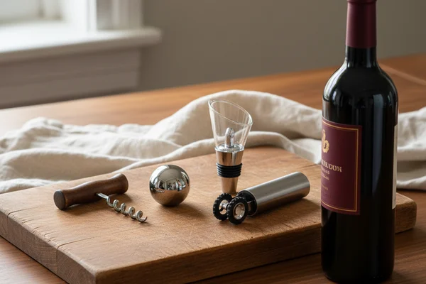 Assorted wine accessories arranged on a walnut surface in warm natural light with cream linen backdrop