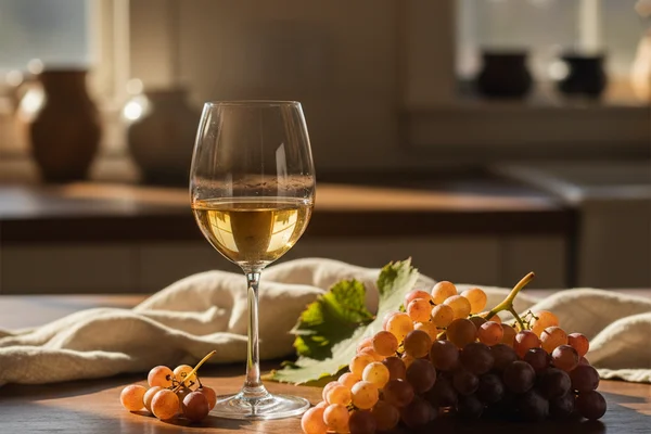 Pale golden Muscat grape juice in a glass carboy on a walnut surface, soft natural light nearby