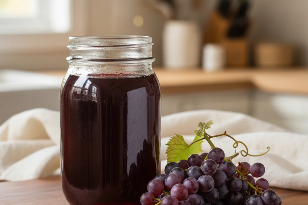 Clusters of unidentified backyard grapes on a walnut surface beside a glass carboy in soft natural light