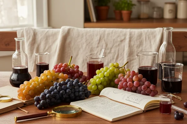 Stacked wine and viticulture research books on a walnut surface beside fresh harvested grape clusters in soft light