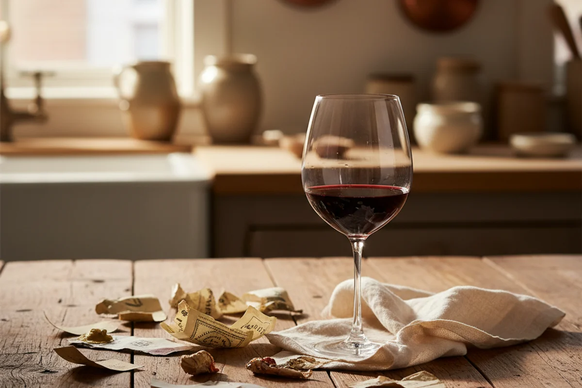 Blank wine labels arranged on a walnut surface beside a glass of red wine in soft natural light