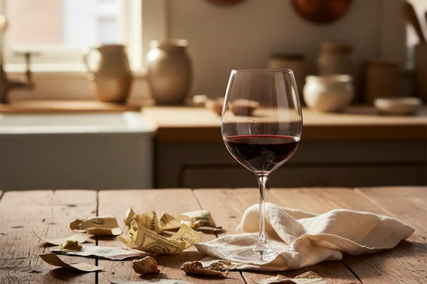 Blank wine labels arranged on a walnut surface beside a glass of red wine in soft natural light