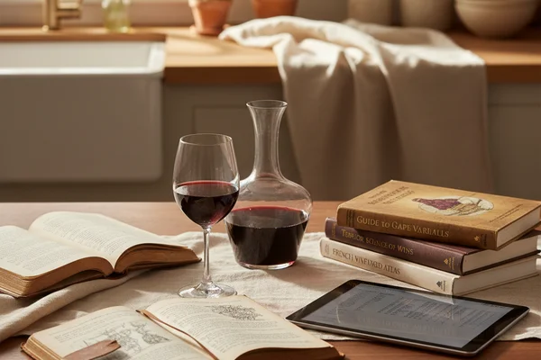 Open books and winemaking journals spread across a walnut surface beside a glass of red wine in soft natural light