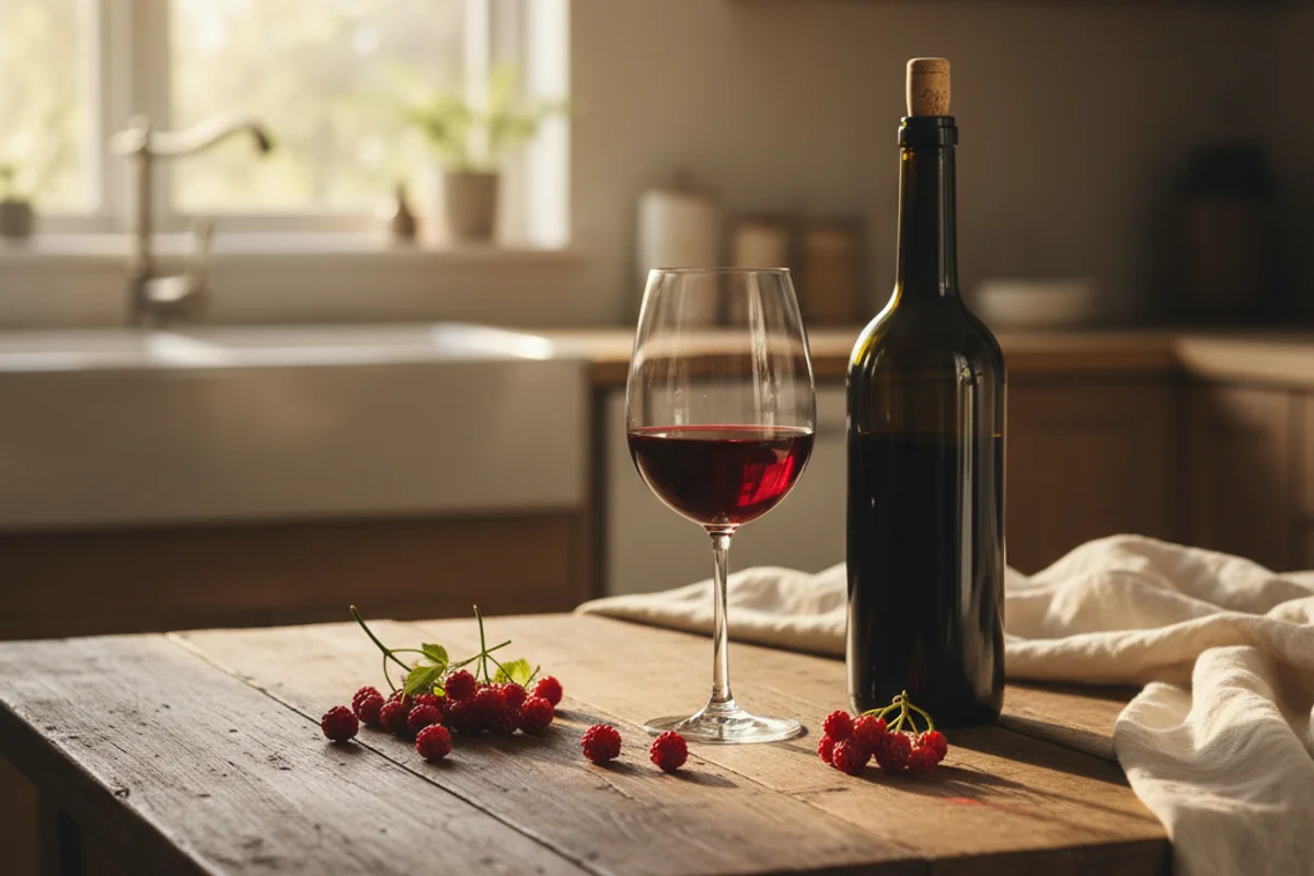 Wild wineberries mounded in a cream linen cloth on a walnut surface beside a glass of blush wine