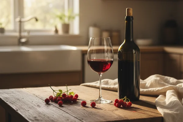 Wild wineberries mounded in a cream linen cloth on a walnut surface beside a glass of blush wine