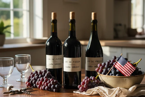 Rustic winemaking setup on a walnut surface with soft natural light and cream linen backdrop