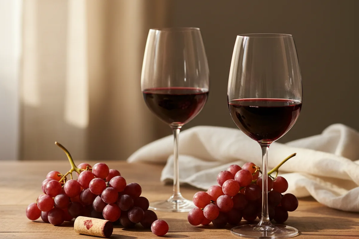 Wooden table with wine glasses, bottles, and winemaking tools arranged in warm natural light