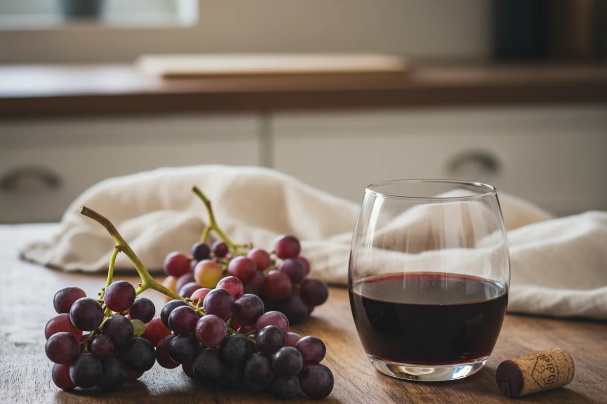 Clusters of dark Berlandieri grapes on a walnut surface beside a glass carboy in soft natural light