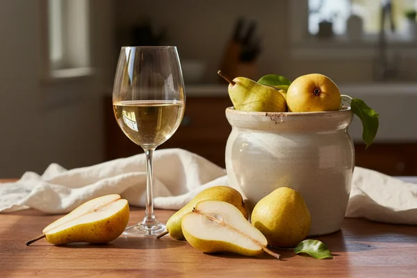Bradford pear wine in a glass beside fresh Bradford pear blossoms on a warm walnut surface