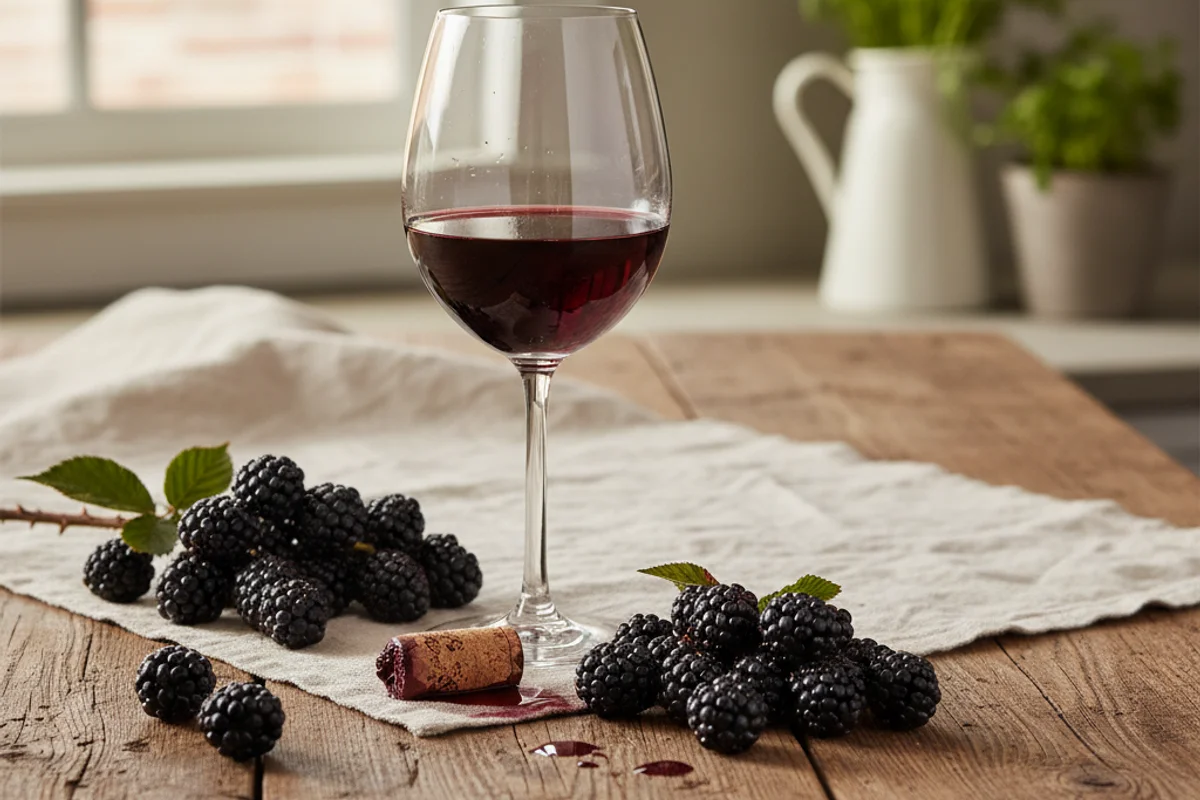 Brazos blackberry wine in a glass beside fresh blackberries on a walnut surface in warm natural light
