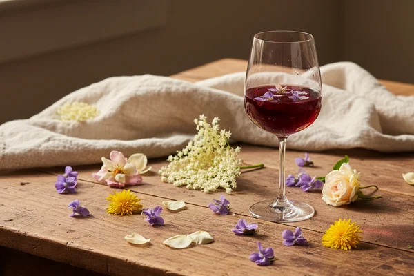 Dried edible flowers scattered on a walnut surface beside a glass of pale homemade wine in soft natural light