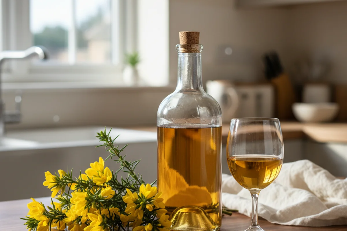 Bright yellow gorse flowers beside a glass of golden wine on a walnut surface in soft natural light